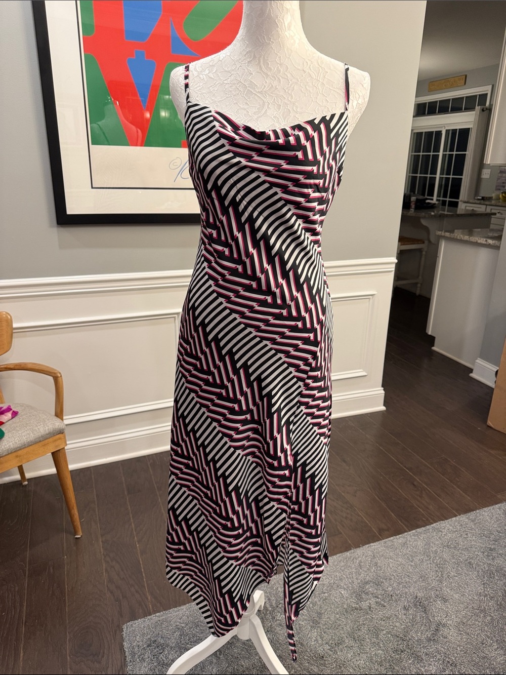 Express Y2K Black and Pink Geometric Slip Dress